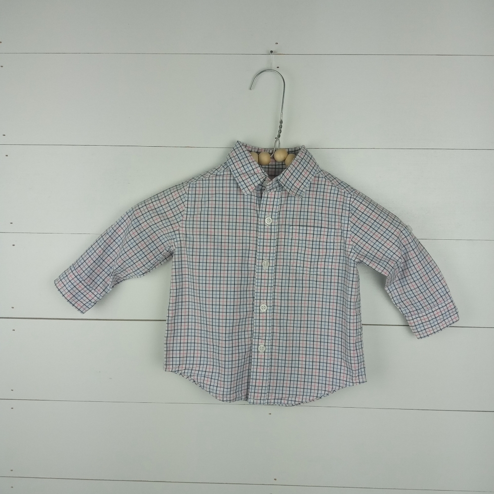 Janie and Jack boys size 6-12 mos white blue pink plaid button up shirt collared
